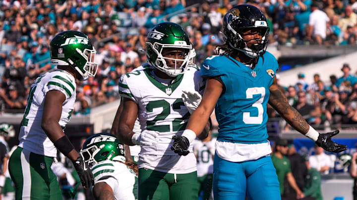 Jacksonville Jaguars wide receiver Jakobi Meyers (3) celebrates a pass interception in the first quarter during an NFL football game at EverBank Stadium, Sunday, Dec. 14, 2025, in Jacksonville, Fla. [Doug Engle/Florida Times-Union]