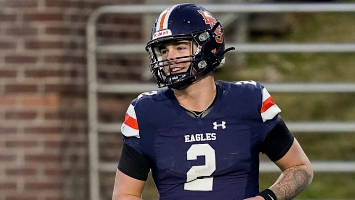 Nashville Christian's Jared Curtis (2) smiles after scoring a touchdown against Columbia Academy during the fourth quarter of the Division II-A championship game at Finley Stadium in Chattanooga, Tenn., Thursday, Dec. 5, 2024.