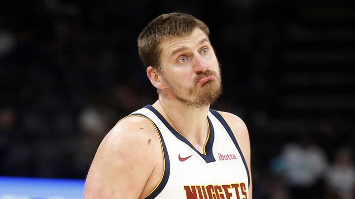 Mar 18, 2026; Memphis, Tennessee, USA; Denver Nuggets center Nikola Jokic (15) reacts during the second quarter against the Memphis Grizzlies at FedExForum. Mandatory Credit: Petre Thomas-Imagn Images