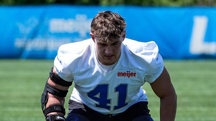 Detroit Lions linebacker Jimmy Rolder (41) during OTAs at Meijer Performance Center in Allen Park on Friday, May 29, 2026.