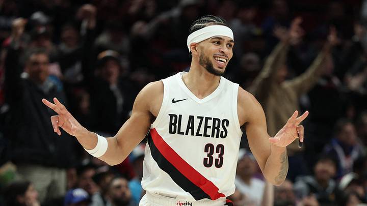 Feb 9, 2026; Portland, Oregon, USA; Portland Trail Blazers forward Toumani Camara (33) reacts after scoring against the Philadelphia 76ers during the second half at Moda Center. Mandatory Credit: Jaime Valdez-Imagn Images