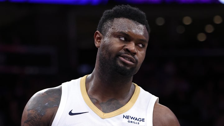 Mar 2, 2025; Salt Lake City, Utah, USA; New Orleans Pelicans forward Zion Williamson (1) reacts to a play against the Utah Jazz during the second half at Delta Center. Mandatory Credit: Rob Gray-Imagn Images