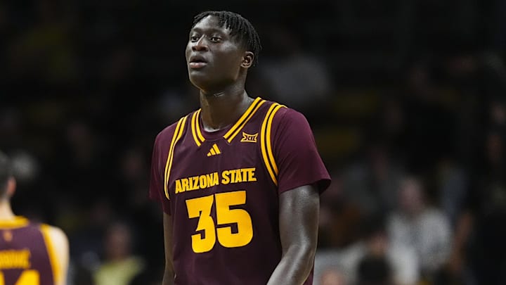 Feb 7, 2026; Boulder, Colorado, USA; Arizona State Sun Devils center Massamba Diop (35) during the first half against the Colorado Buffaloes at the CU Events Center. Mandatory Credit: Ron Chenoy-Imagn Images