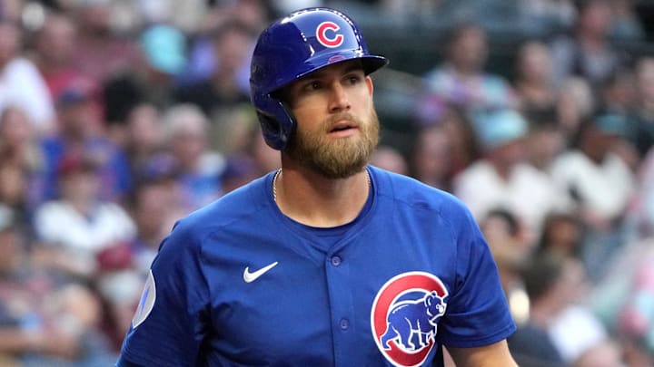 Mar 29, 2025; Phoenix, Arizona, USA; Chicago Cubs third base Gage Workman (25) hits against the Arizona Diamondbacks in the second inning at Chase Field. Mar 29, 2025; Phoenix, Arizona, USA; Chicago Cubs third base Gage Workman (25) hits against the Arizona Diamondbacks in the second inning at Chase Field.