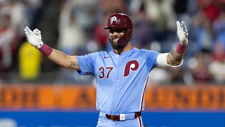 Philadelphia Phillies outfielder Weston Wilson reacts after hitting a double during the eighth inning to complete the cycle against the Washington Nationals at Citizens Bank Park