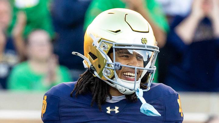 Oct 11, 2025; South Bend, Indiana, USA; Notre Dame Fighting Irish wide receiver Kk Smith (11) celebrates scoring against the NC State Wolfpack during the second half at Notre Dame Stadium. Mandatory Credit: Michael Caterina-Imagn Images Oct 11, 2025; South Bend, Indiana, USA; Notre Dame Fighting Irish wide receiver Kk Smith (11) celebrates scoring against the NC State Wolfpack during the second half at Notre Dame Stadium. Mandatory Credit: Michael Caterina-Imagn Images