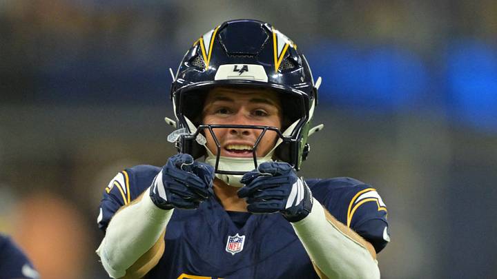 Oct 23, 2025; Inglewood, California, USA; Los Angeles Chargers wide receiver Ladd McConkey (15) reacts against the Minnesota Vikings during the second half at SoFi Stadium. Mandatory Credit: Jayne Kamin-Oncea-Imagn Images