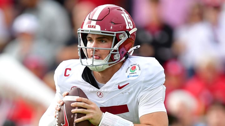 Jan 1, 2026; Pasadena, CA, USA; Alabama Crimson Tide quarterback Ty Simpson (15) looks to pass against the Indiana Hoosiers in the first half of the 2026 Rose Bowl and quarterfinal game of the College Football Playoff at Rose Bowl Stadium. Mandatory Credit: Gary A. Vasquez-Imagn Images