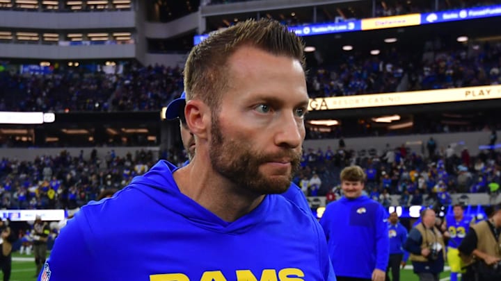 Jan 4, 2026; Inglewood, California, USA;  Los Angeles Rams head coach Sean McVay leaves the field following a game against the Arizona Cardinals at SoFi Stadium. Mandatory Credit: Gary A. Vasquez-Imagn Images