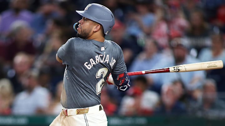 Sep 13, 2024; Washington, District of Columbia, USA; Washington Nationals second baseman Luis Garcia Jr. (2) hits a home run during the seventh inning against the Miami Marlins at Nationals Park Sep 13, 2024; Washington, District of Columbia, USA; Washington Nationals second baseman Luis Garcia Jr. (2) hits a home run during the seventh inning against the Miami Marlins at Nationals Park