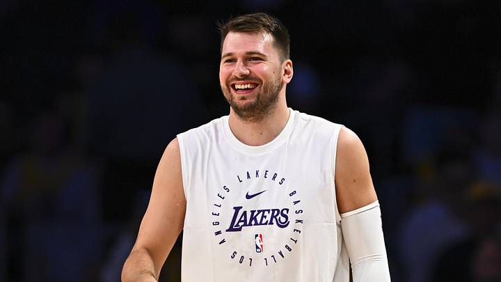 Apr 11, 2025; Los Angeles, California, USA; Los Angeles Lakers guard Luka Doncic (77) reacts before the game against the Houston Rockets at Crypto.com Arena. Mandatory Credit: Jonathan Hui-Imagn Images