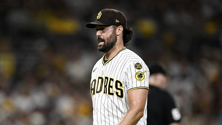 San Diego, California, USA;  San Diego Padres pitcher Robbie Ray (38) leaves the game during the fifth inning against the Milwaukee Brewers in game four of the NLDS for the 2026 MLB Playoffs at Petco Park.  Mandatory Credit: Denis Poroy-Imagn Images