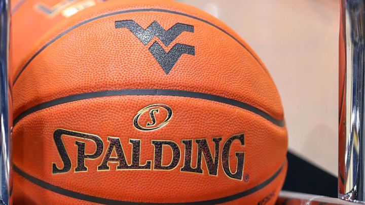 Nov 15, 2022; Morgantown, West Virginia, USA; The West Virginia Mountaineers logo is seen before the game against the Morehead State Eagles at WVU Coliseum. Mandatory Credit: Ben Queen-Imagn Images