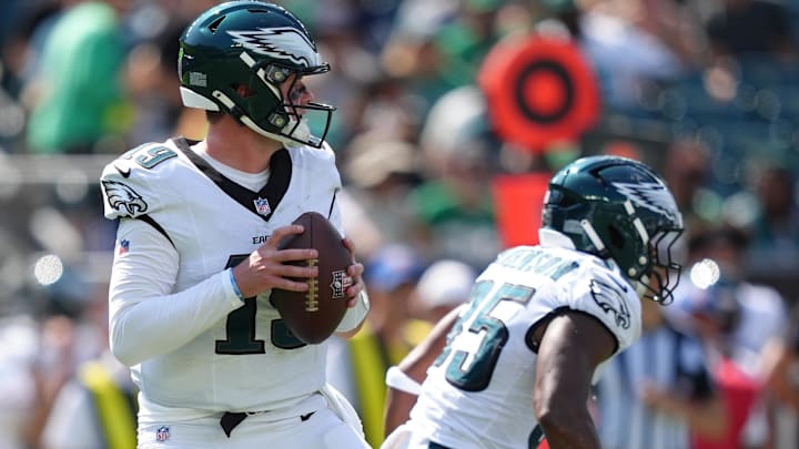 Philadelphia Eagles quarterback Kyle McCord (19) controls the ball against the Cleveland Browns in the second half at Lincoln Financial Field.