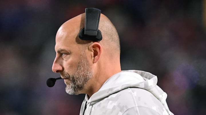 Nov 17, 2024; Orchard Park, New York, USA; Kansas City Chiefs offensive coordinator Matt Nagy on the sidelines in the third quarter against the Buffalo Bills at Highmark Stadium. Mandatory Credit: Mark Konezny-Imagn Images
