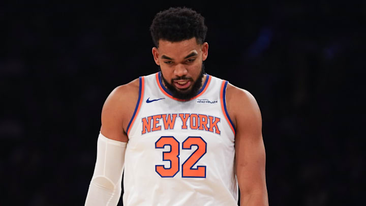 Nov 3, 2025; New York, New York, USA; New York Knicks center Karl-Anthony Towns (32) reacts during the first half against the Washington Wizards at Madison Square Garden. Mandatory Credit: Lucas Boland-Imagn Images Nov 3, 2025; New York, New York, USA; New York Knicks center Karl-Anthony Towns (32) reacts during the first half against the Washington Wizards at Madison Square Garden. Mandatory Credit: Lucas Boland-Imagn Images