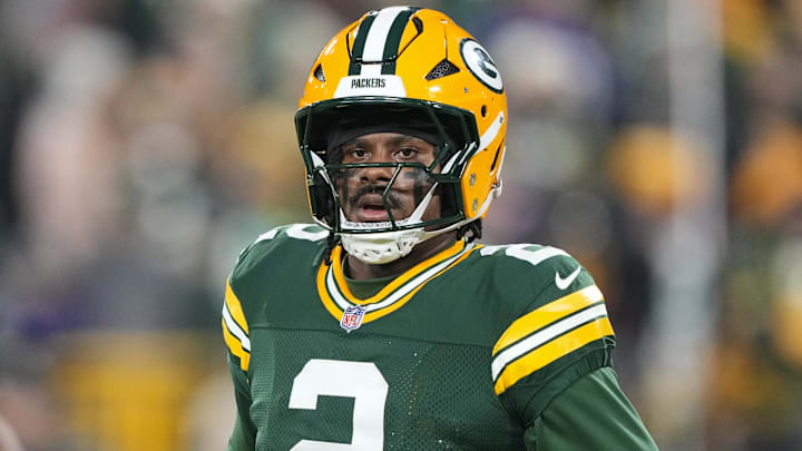 Dec 27, 2025; Green Bay, Wisconsin, USA;  Green Bay Packers quarterback Malik Willis (2) during warmups before the game against the Baltimore Ravens at Lambeau Field.
