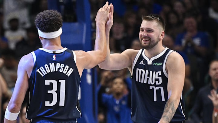 Oct 24, 2024; Dallas, Texas, USA; Dallas Mavericks guard Klay Thompson (31) and guard Luka Doncic (77) celebrate during the second half against the San Antonio Spurs at the American Airlines Center. Mandatory Credit: Jerome Miron-Imagn Images Oct 24, 2024; Dallas, Texas, USA; Dallas Mavericks guard Klay Thompson (31) and guard Luka Doncic (77) celebrate during the second half against the San Antonio Spurs at the American Airlines Center. Mandatory Credit: Jerome Miron-Imagn Images