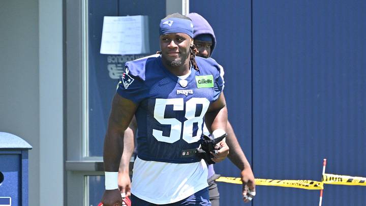 Jun 10, 2026; Foxborough, MA, USA; New England Patriots linebacker Xavier Holmes (58) arrives at the practice field for minicamp at Gillette Stadium. Mandatory Credit: Eric Canha-Imagn Images Jun 10, 2026; Foxborough, MA, USA; New England Patriots linebacker Xavier Holmes (58) arrives at the practice field for minicamp at Gillette Stadium. Mandatory Credit: Eric Canha-Imagn Images