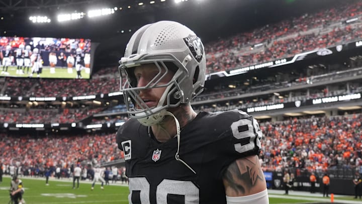 Dec 7, 2025; Paradise, Nevada, USA;  Las Vegas Raiders defensive end Maxx Crosby (98) on the field prior to a game against the Denver Broncos at Allegiant Stadium. Mandatory Credit: Kirby Lee-Imagn Images