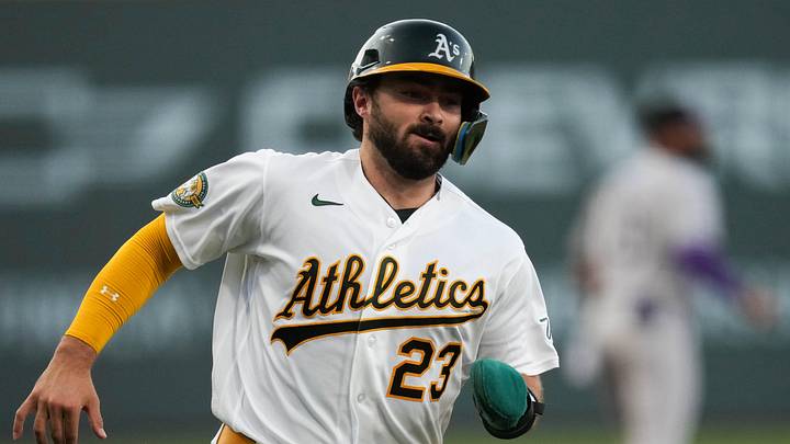 Jun 13, 2026; Summerlin, Nevada, USA; Athletics catcher Shea Langeliers (23) scores during the first inning against the Colorado Rockies at the Las Vegas Ballpark. Mandatory Credit: Lucas Peltier-Imagn Images Jun 13, 2026; Summerlin, Nevada, USA; Athletics catcher Shea Langeliers (23) scores during the first inning against the Colorado Rockies at the Las Vegas Ballpark. Mandatory Credit: Lucas Peltier-Imagn Images