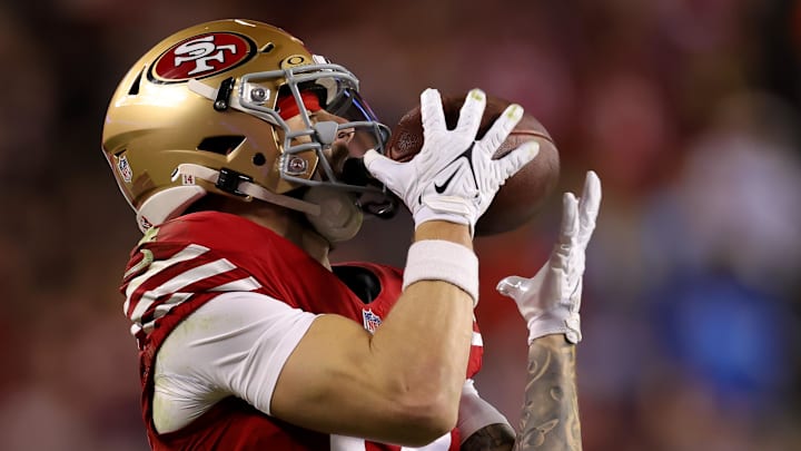 Dec 30, 2024; Santa Clara, California, USA; San Francisco 49ers wide receiver Ricky Pearsall (14) catches a pass during the second quarter against the Detroit Lions at Levi's Stadium. Mandatory Credit: Sergio Estrada-Imagn Images