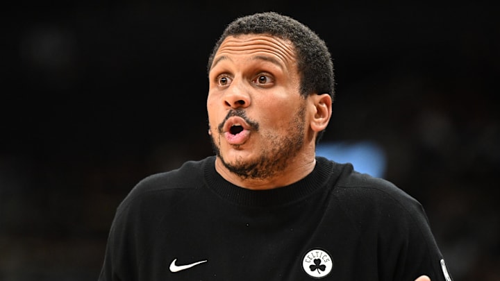 Oct 10, 2025; Toronto, Ontario, CAN;  Boston Celtics head coach Joe Mazzulla gestures as he speaks with game officials in the second half against the Toronto Raptors at Scotiabank Arena. Mandatory Credit: Dan Hamilton-Imagn Images