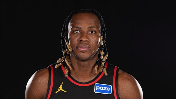 Sep 29, 2025; Atlanta, GA, USA;  Mandatory Credit: Atlanta Hawks center Charles Bassey (28) poses for a photo during Media Day. Dale Zanine-Imagn Images