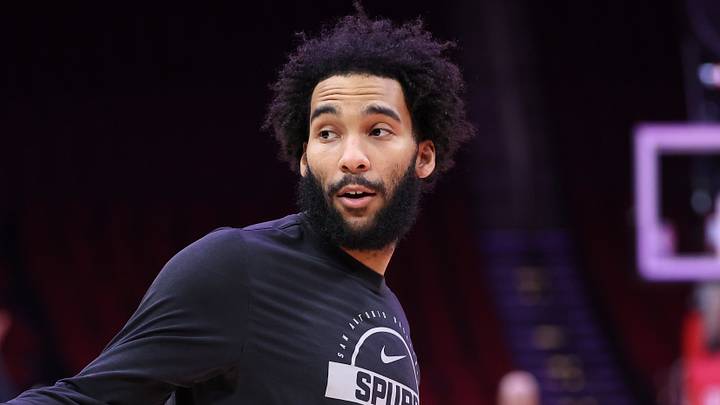 Jan 28, 2026; Houston, Texas, USA; San Antonio Spurs forward Julian Champagnie (30) warms up before the game against the Houston Rockets at Toyota Center. Mandatory Credit: Troy Taormina-Imagn Images