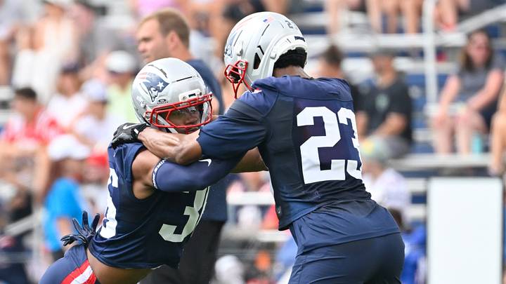 Jul 28, 2026; Foxborough, MA, USA; New England Patriots cornerback Kenneth Harris (36) does a drill with safety John Saunders Jr. (23) during training camp at Gillette Stadium. Mandatory Credit: Eric Canha-Imagn Images