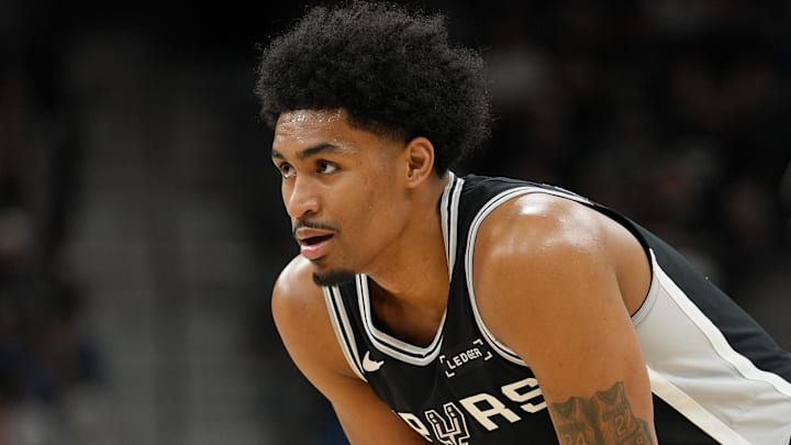 Mar 21, 2026; San Antonio, Texas, USA;  San Antonio Spurs guard Dylan Harper (2) looks over in the first half against the Indiana Pacers at Frost Bank Center. Mandatory Credit: Daniel Dunn-Imagn Images
