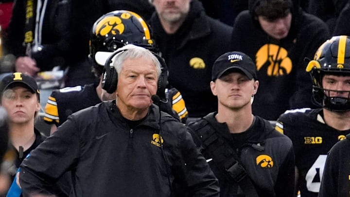 Iowa Hawkeyes head coach Kirk Ferentz watches his team against the Minnesota Golden Gophers Oct. 25, 2025 at Kinnick Stadium in Iowa City, Iowa.