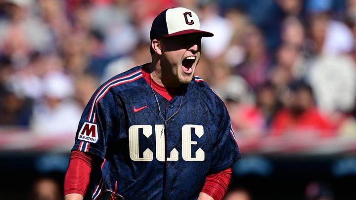 May 30, 2026; Cleveland, Ohio, USA; Cleveland Guardians starting pitcher Parker Messick (77) celebrates after a ground out by Boston Red Sox second baseman Nick Sogard (20) during the third inning at Progressive Field. Mandatory Credit: David Dermer-Imagn Images