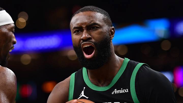 Feb 6, 2026; Boston, Massachusetts, USA; Boston Celtics guard Jaylen Brown (7) reacts towards the official after a play during the second half against the Miami Heat at TD Garden. Mandatory Credit: Bob DeChiara-Imagn Images