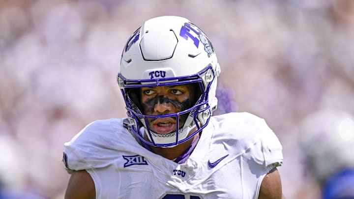 TCU Horned Frogs linebacker Kaleb Elarms-Orr celebrates during the game TCU Horned Frogs linebacker Kaleb Elarms-Orr celebrates during the game