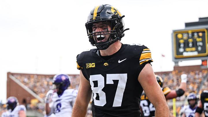 Sep 19, 2026; Iowa City, Iowa, USA; Iowa Hawkeyes tight end Addison Ostrenga (87) reacts after a touchdown reception against the UNI Panthers during the second quarter at Kinnick Stadium. Mandatory Credit: Jeffrey Becker-Imagn Images Sep 19, 2026; Iowa City, Iowa, USA; Iowa Hawkeyes tight end Addison Ostrenga (87) reacts after a touchdown reception against the UNI Panthers during the second quarter at Kinnick Stadium. Mandatory Credit: Jeffrey Becker-Imagn Images