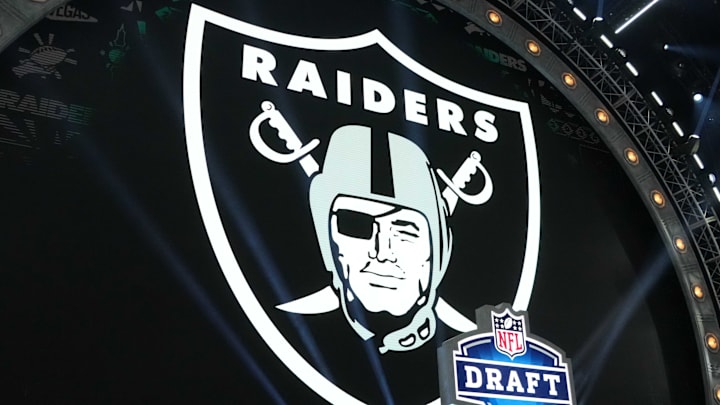 Apr 25, 2024; Detroit, MI, USA; A Las Vegas Raiders logo at the 2024 NFL Draft at Campus Martius Park and Hart Plaza. Mandatory Credit: Kirby Lee-Imagn Images