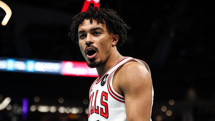 Chicago Bulls guard Tre Jones reacts to a call during a game against the Charlotte Hornets. Chicago Bulls guard Tre Jones reacts to a call during a game against the Charlotte Hornets.
