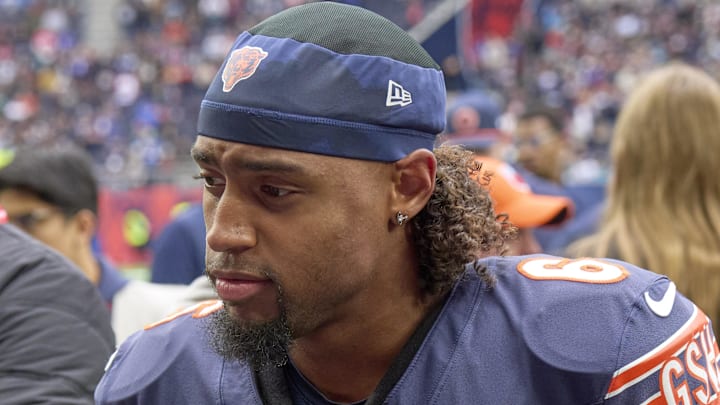 Oct 13, 2024; London, United Kingdom; Chicago Bears cornerback Kyler Gordon (6) leaves the field after an NFL International Series game at Tottenham Hotspur Stadium.