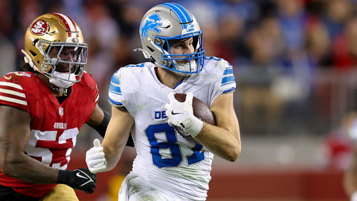 Dec 30, 2024; Santa Clara, California, USA; Detroit Lions tight end Sam LaPorta (87) during the game against the San Francisco 49ers at Levi's Stadium. Mandatory Credit: Sergio Estrada-Imagn Images