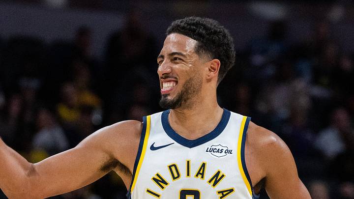 Oct 16, 2026; Indianapolis, Indiana, USA;  Indiana Pacers guard Tyrese Haliburton (0) celebrates a made shot in the first half against the Milwaukee Bucks at Gainbridge Fieldhouse.  Mandatory Credit: Trevor Ruszkowski-Imagn Images