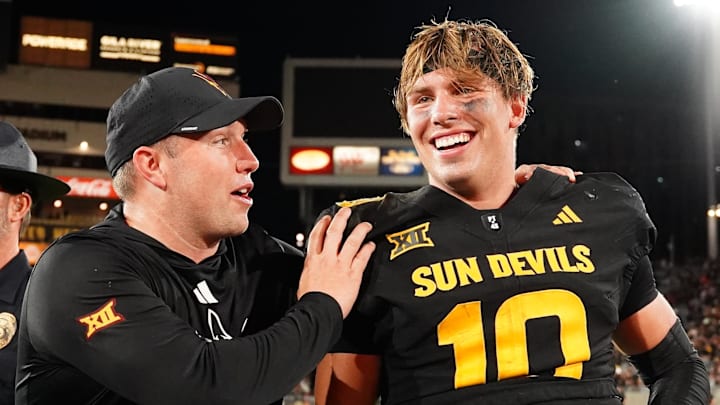 Sep 26, 2025; Tempe, Arizona, USA; Arizona State Sun Devils quarterback Sam Leavitt (10) celebrates with head coach Kenny Dillingham after win against TCU Horned Frogs at Mountain America Stadium, Home of the ASU Sun Devils. Mandatory Credit: Jacob Reiner-Imagn Images Sep 26, 2025; Tempe, Arizona, USA; Arizona State Sun Devils quarterback Sam Leavitt (10) celebrates with head coach Kenny Dillingham after win against TCU Horned Frogs at Mountain America Stadium, Home of the ASU Sun Devils. Mandatory Credit: Jacob Reiner-Imagn Images
