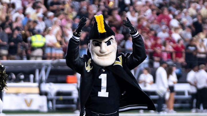 Mr. C dances with the cheer squad as the Vanderbilt Commodores do their best to knock off the Alabama Crimson Tide during their game at Vanderbilt Stadium in Nashville, Tenn., Saturday, Oct. 5, 2024. Vanderbilt beat Alabama, the number one team in the country, 40-35.