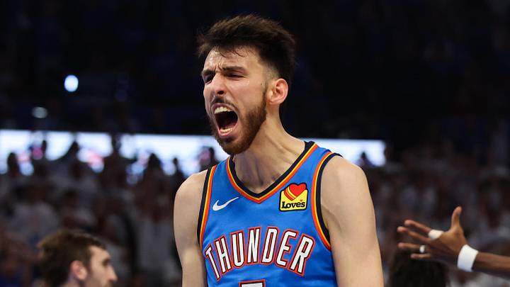 May 20, 2026; Oklahoma City, Oklahoma, USA; Oklahoma City Thunder center Chet Holmgren (7) reacts after a slam dunk during the third quarter against the San Antonio Spurs during game two of the western conference finals for the 2026 NBA playoffs at Paycom Center. Mandatory Credit: Brett Rojo-Imagn Images May 20, 2026; Oklahoma City, Oklahoma, USA; Oklahoma City Thunder center Chet Holmgren (7) reacts after a slam dunk during the third quarter against the San Antonio Spurs during game two of the western conference finals for the 2026 NBA playoffs at Paycom Center. Mandatory Credit: Brett Rojo-Imagn Images