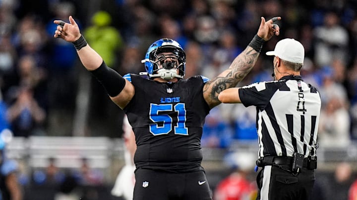 Detroit Lions defensive tackle Roy Lopez (51) celebrates a play against New York Giants during the second half at Ford Field in Detroit on Sunday, Nov. 23, 2025.