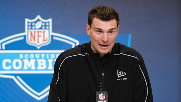 Feb 27, 2026; Indianapolis, IN, USA; Indiana quarterback Fernando Mendoza (QB11) speaks to members of the media during the NFL Combine at the Indiana Convention Center. Mandatory Credit: Jacob Musselman-Imagn Images