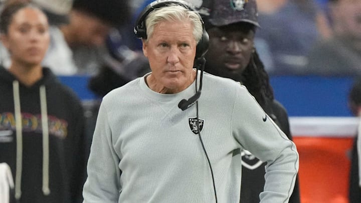 Las Vegas Raiders head coach Pete Carroll walks the sideline Sunday, Oct. 5, 2025, during a game at Lucas Oil Stadium in Indianapolis. The Colts defeated the Raiders 40-6.