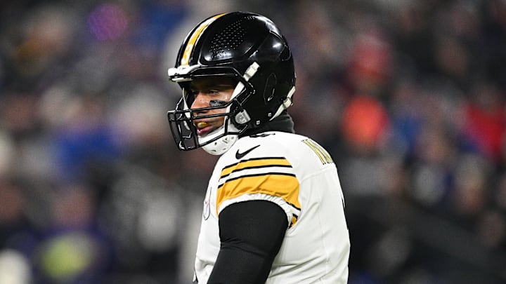 Jan 11, 2025; Baltimore, Maryland, USA; Pittsburgh Steelers quarterback Russell Wilson (3) looks on in the first quarter against the Baltimore Ravens in an AFC wild card game at M&T Bank Stadium. Mandatory Credit: Tommy Gilligan-Imagn Images