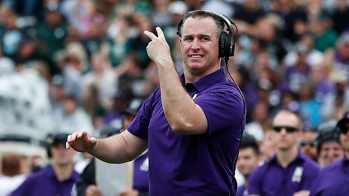 Northwestern head coach Pat Fitzgerald reacts to a play against Michigan State during the first half at Spartan Stadium, Saturday, Oct. 6, 2018.

Pat Fitzgerald