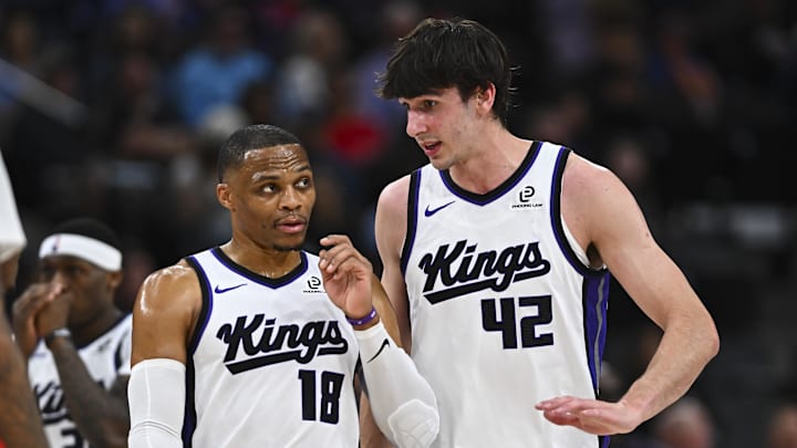 Mar 14, 2026; Inglewood, California, USA; Sacramento Kings center Maxime Raynaud (42) talks to guard Russell Westbrook (18) against the LA Clippers during the first quarter at Intuit Dome. Mar 14, 2026; Inglewood, California, USA; Sacramento Kings center Maxime Raynaud (42) talks to guard Russell Westbrook (18) against the LA Clippers during the first quarter at Intuit Dome.